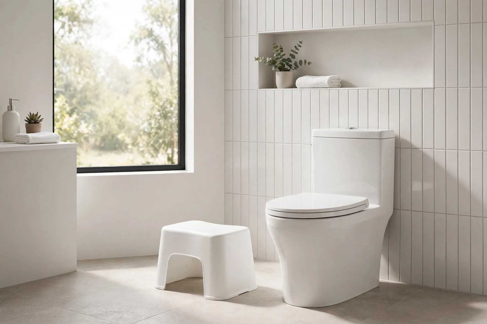 What is a toilet stool — illustration of a bathroom posture stool in front of a toilet