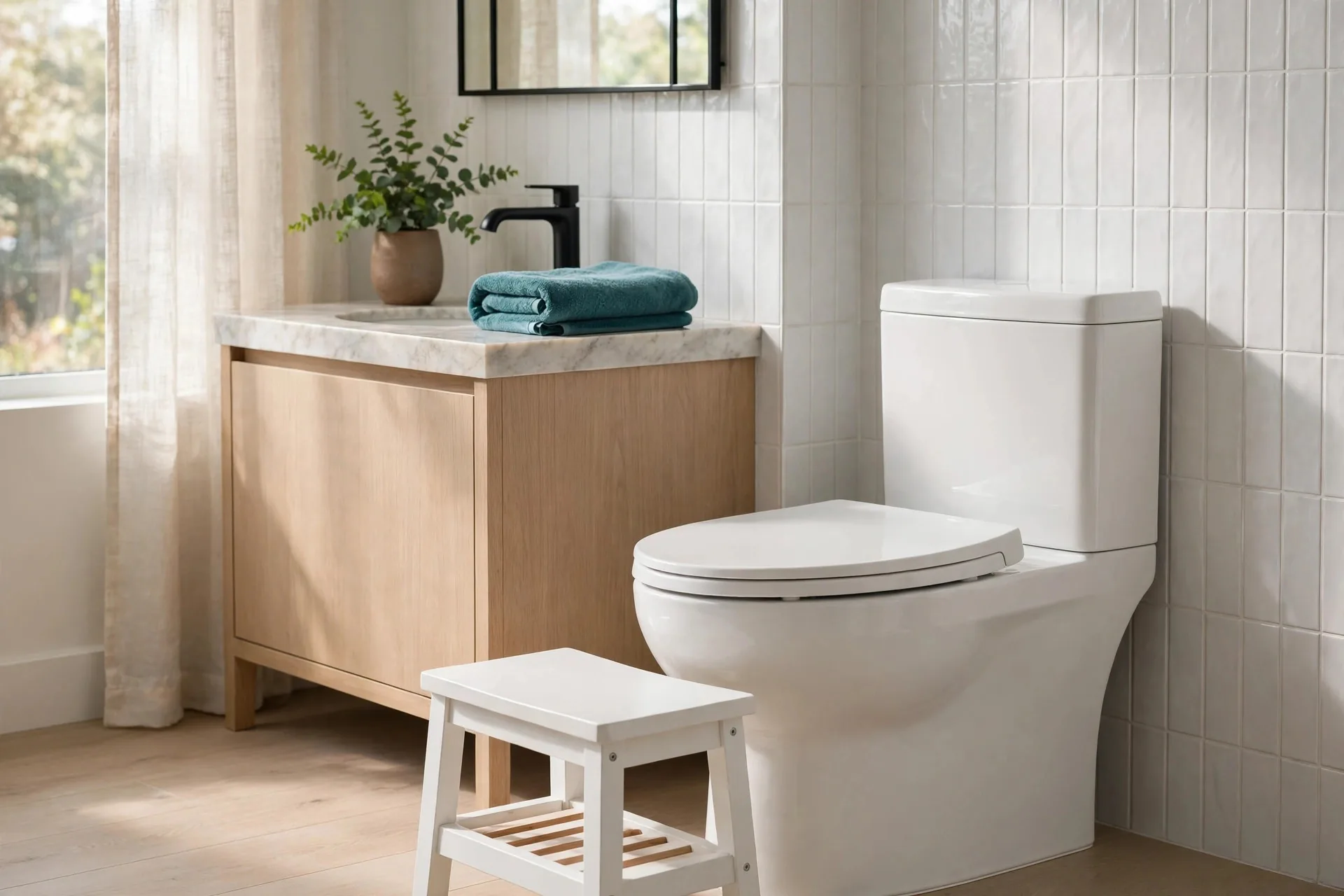 Person relaxing with feet on a SquatEase toilet stool in a calm modern bathroom