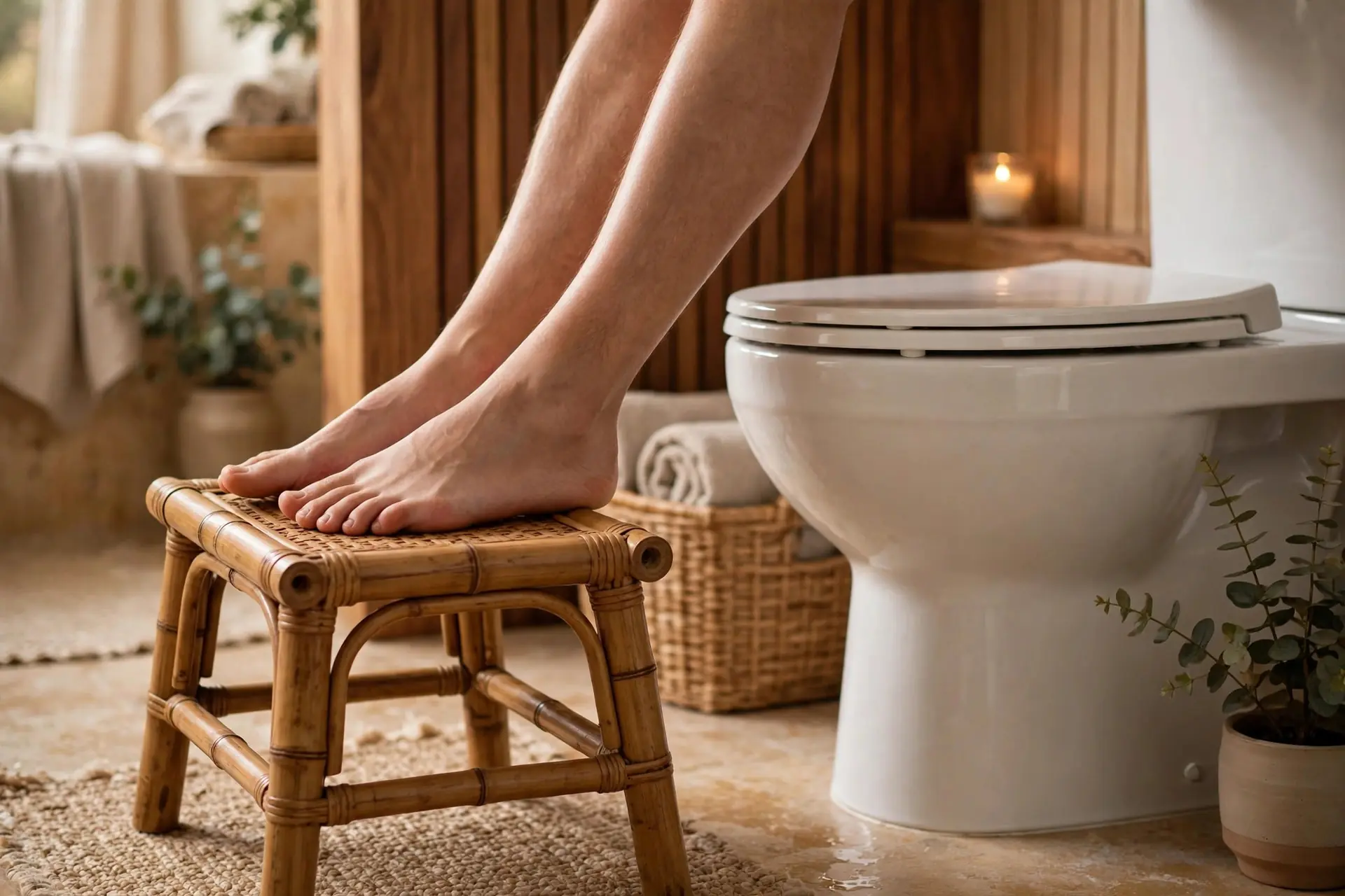 Feet resting on the folding SquatEase Bamboo Fold toilet stool in a spa-style bathroom