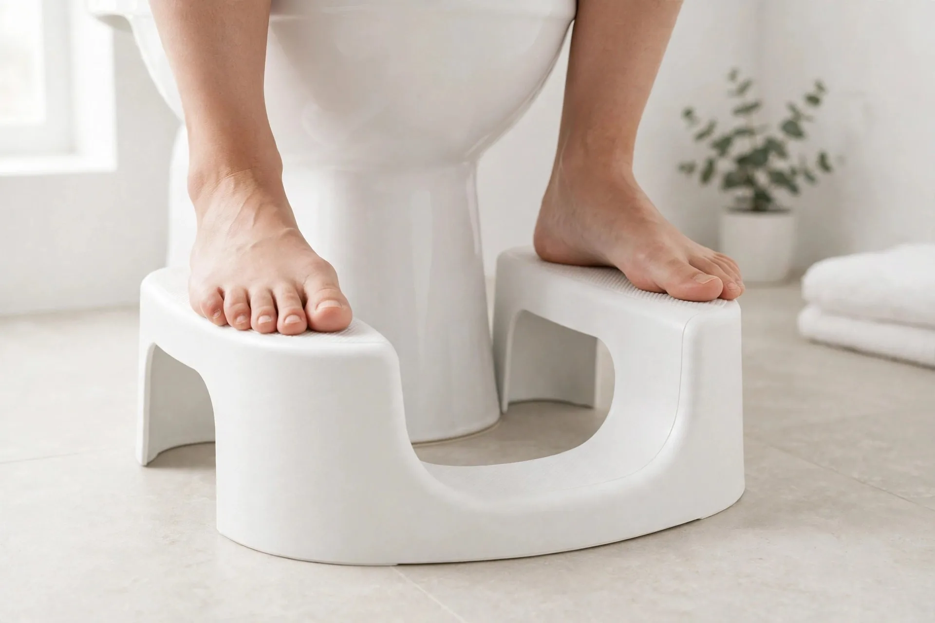 Feet resting on the tall SquatEase Original 9-inch toilet stool beside a comfort-height toilet