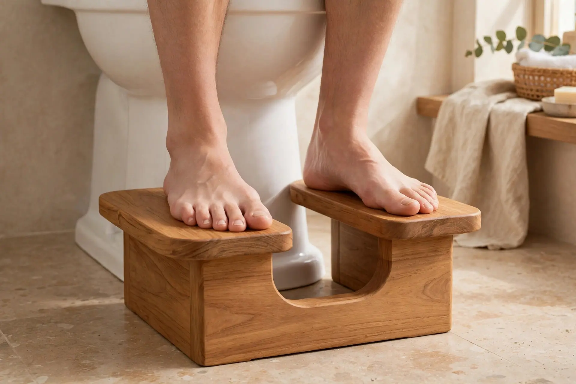 Feet resting on the wooden SquatEase Teak Slim toilet stool in a warm spa-style bathroom