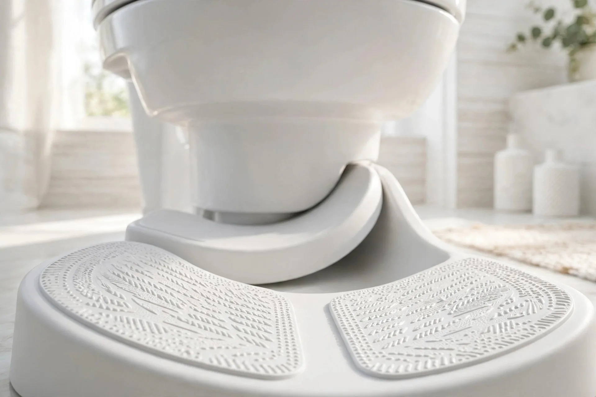 Step 2 — sit on the toilet with feet resting on the squat stool